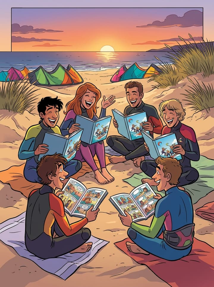 Viñeta de cómic: un grupo de amigos en la playa, cada uno leyendo su ejemplar del cómic