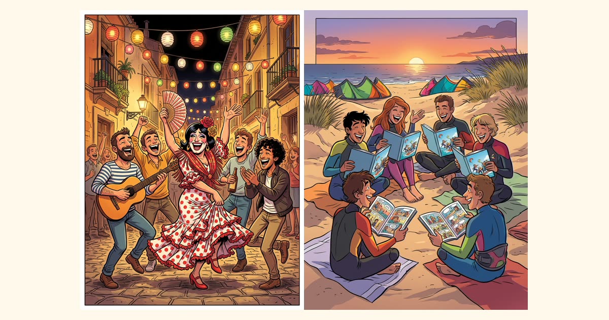 Viñetas de una despedida de soltera en la calle y del grupo leyendo después su propio cómic: un regalo de despedida original