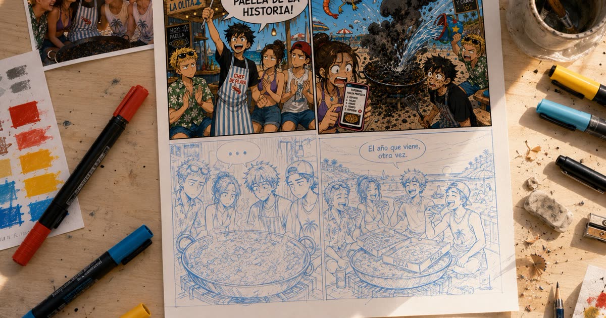 Página de un cómic a medio entintar sobre una mesa de dibujante: un regalo de empresa original hecho a mano
