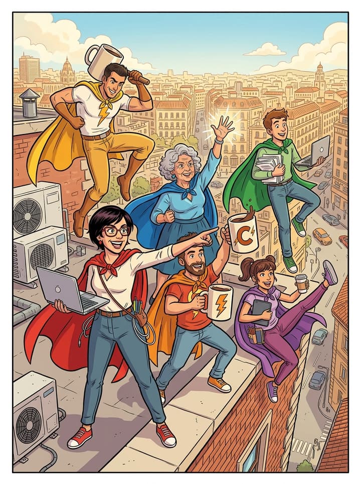 Viñeta de cómic: un equipo de oficina convertido en superhéroes con capas en la azotea de su edificio