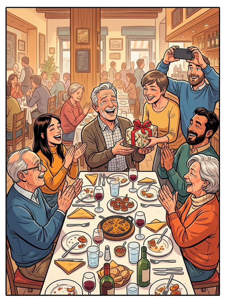 Viñeta de cómic: un hombre recibe emocionado un regalo de sus compañeros en su comida de jubilación