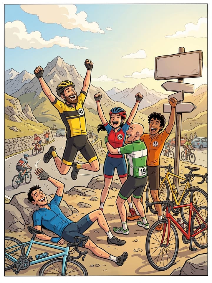 Viñeta de cómic: un grupo de ciclistas celebrando en lo alto de un puerto