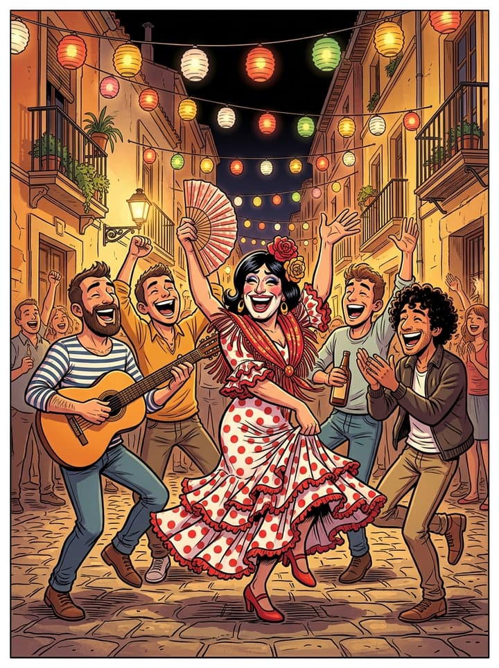 Viñeta de cómic: una despedida de soltero de noche en la calle