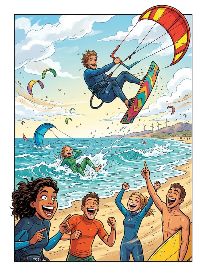 Viñeta de cómic: un grupo de kitesurfistas en una playa con mucho viento