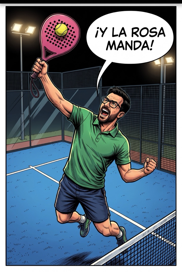 Viñeta de cómic: un jugador de pádel celebra un remate con una pala rosa en una pista de cristal de noche