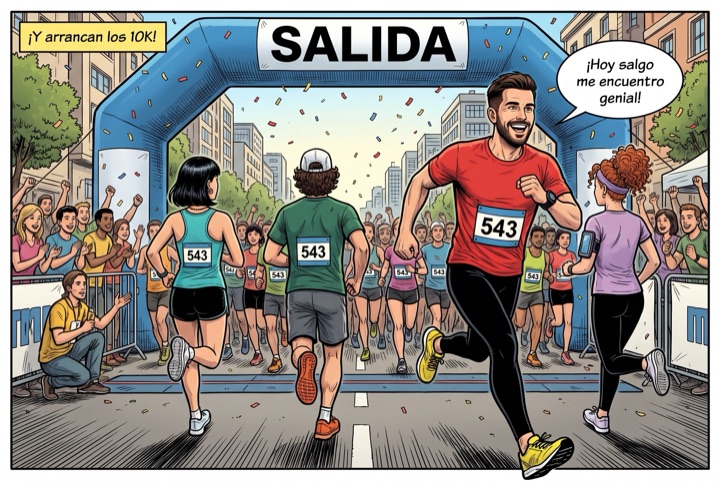 Viñeta de cómic: un grupo de amigos con dorsal sale bajo el arco de una carrera popular