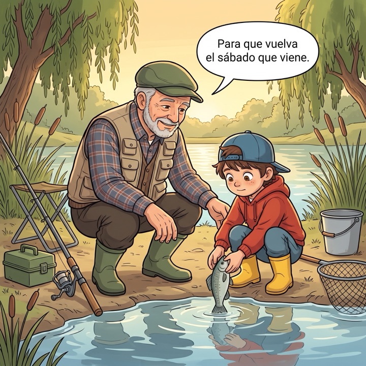 Viñeta de cómic: un abuelo y su nieto devuelven un pez al río en un sábado de pesca