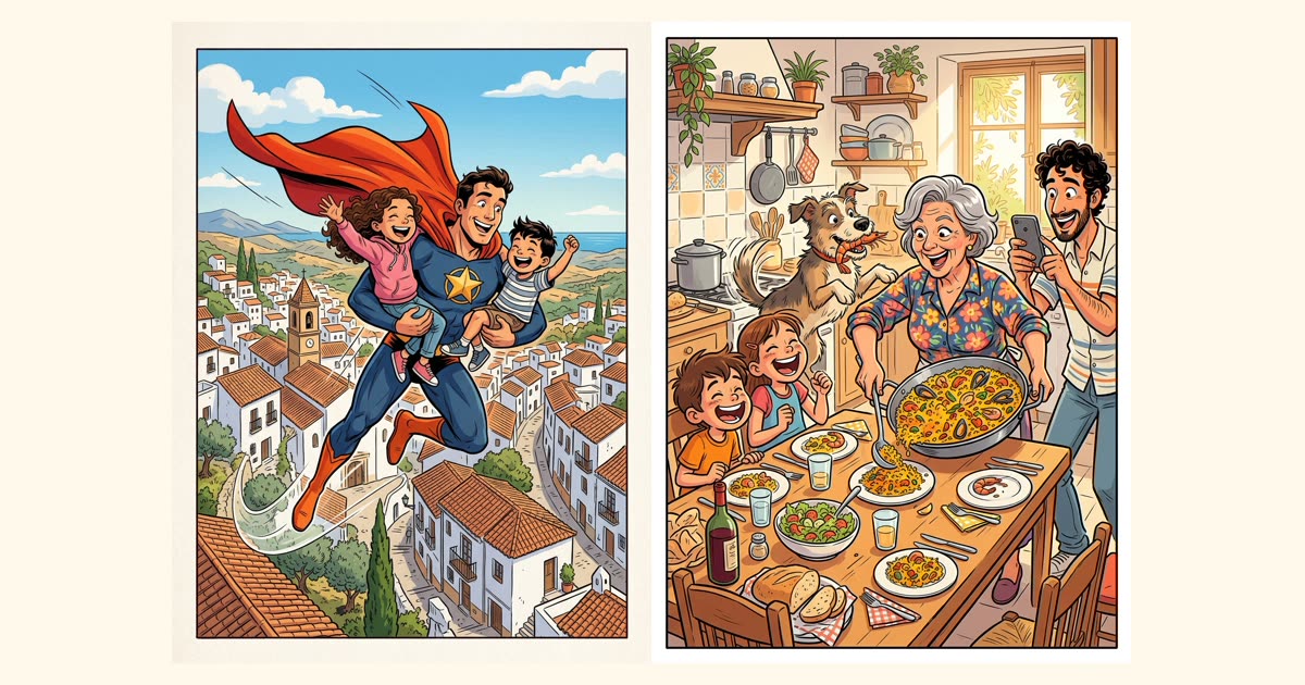 Viñetas de un padre superhéroe volando con sus hijos y de una comida familiar con el perro robando de la mesa: un regalo de comunión original