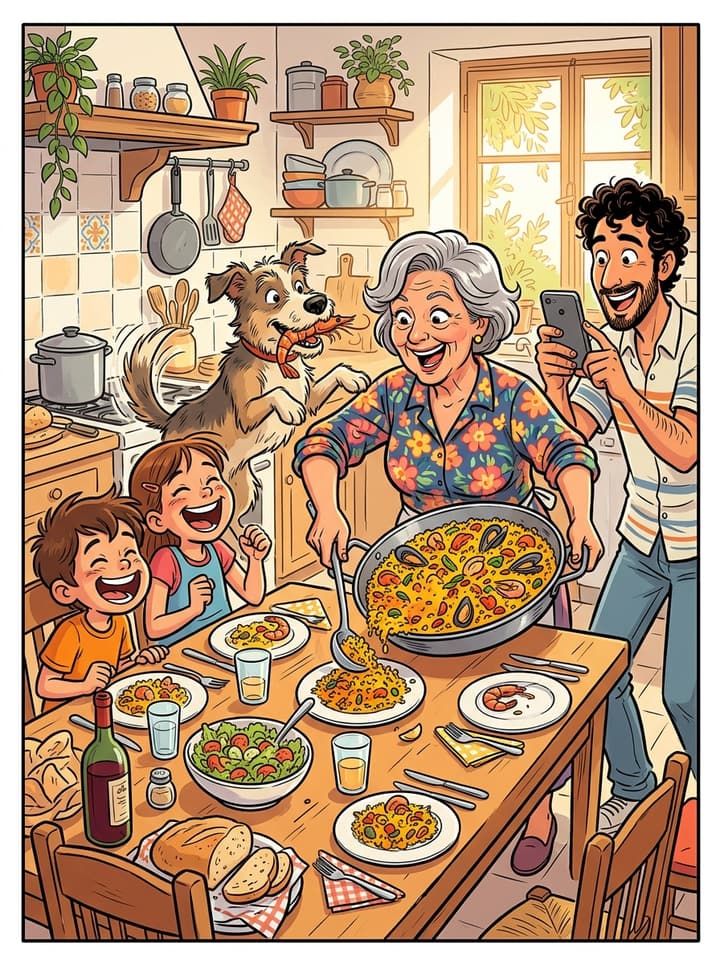 Viñeta de cómic: una comida familiar con la abuela, los niños y el perro robando comida de la mesa