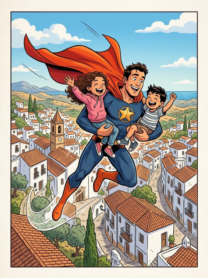 Viñeta de cómic: un padre convertido en superhéroe vuela con sus dos hijos en brazos sobre un pueblo blanco