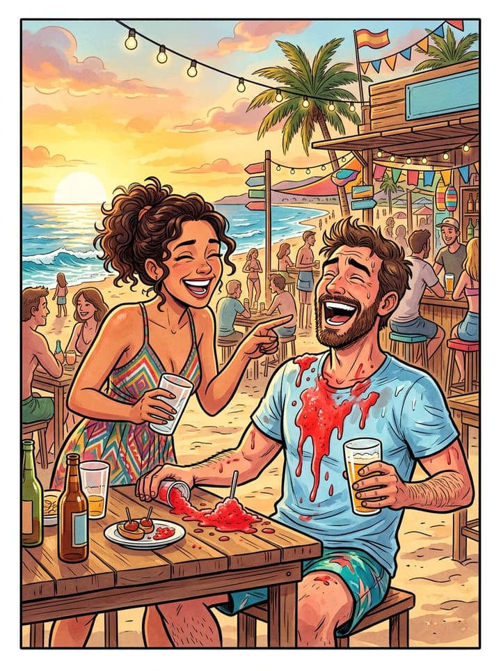 Viñeta de cómic: una pareja riéndose en un chiringuito de playa