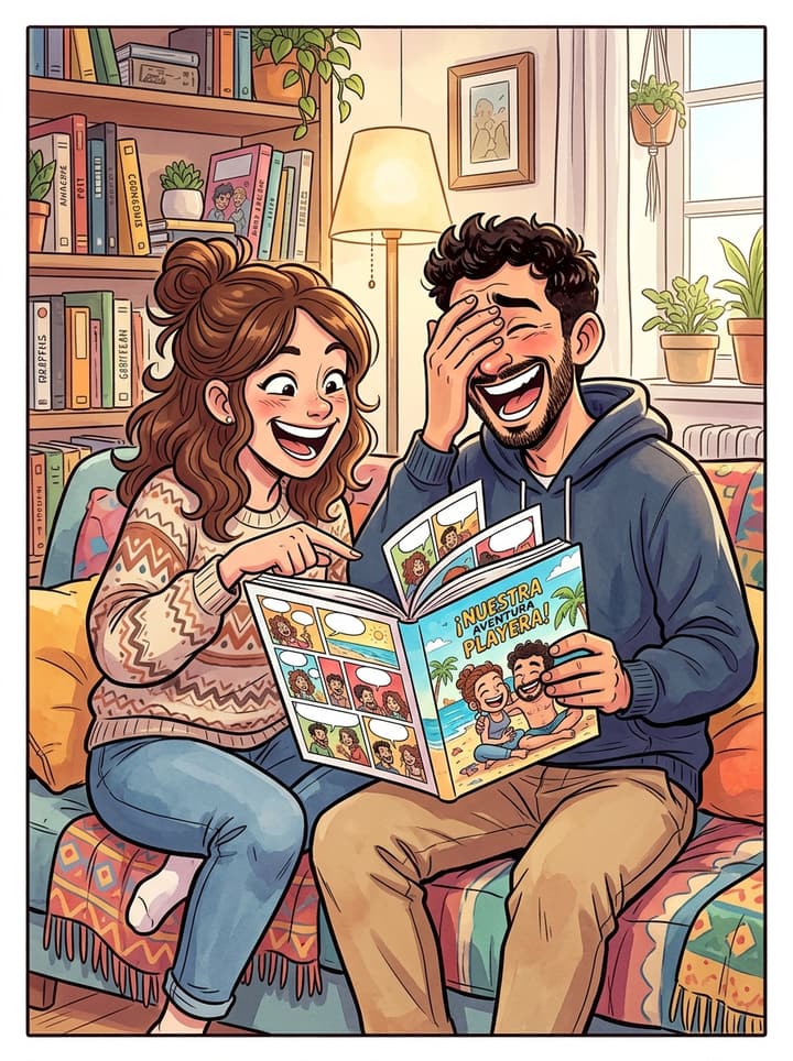 Viñeta de cómic: una pareja en el sofá leyendo su propio cómic y riéndose