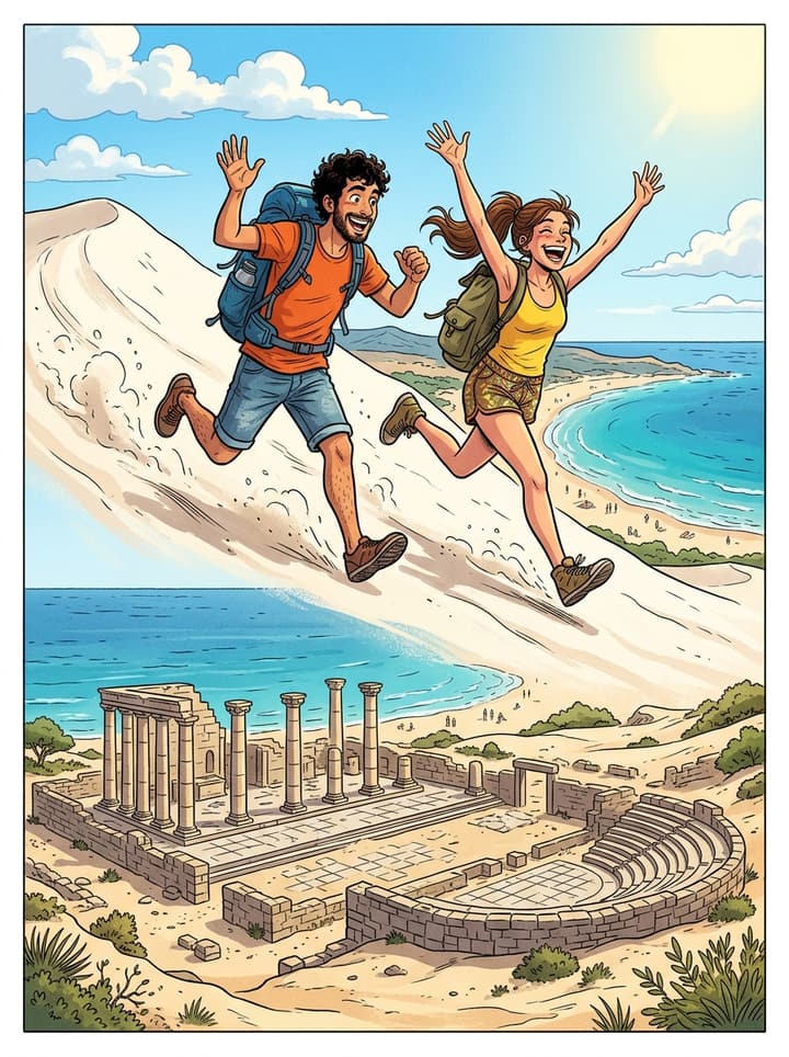 Viñeta de cómic: las columnas romanas de Baelo Claudia y la gran duna de Bolonia junto al mar