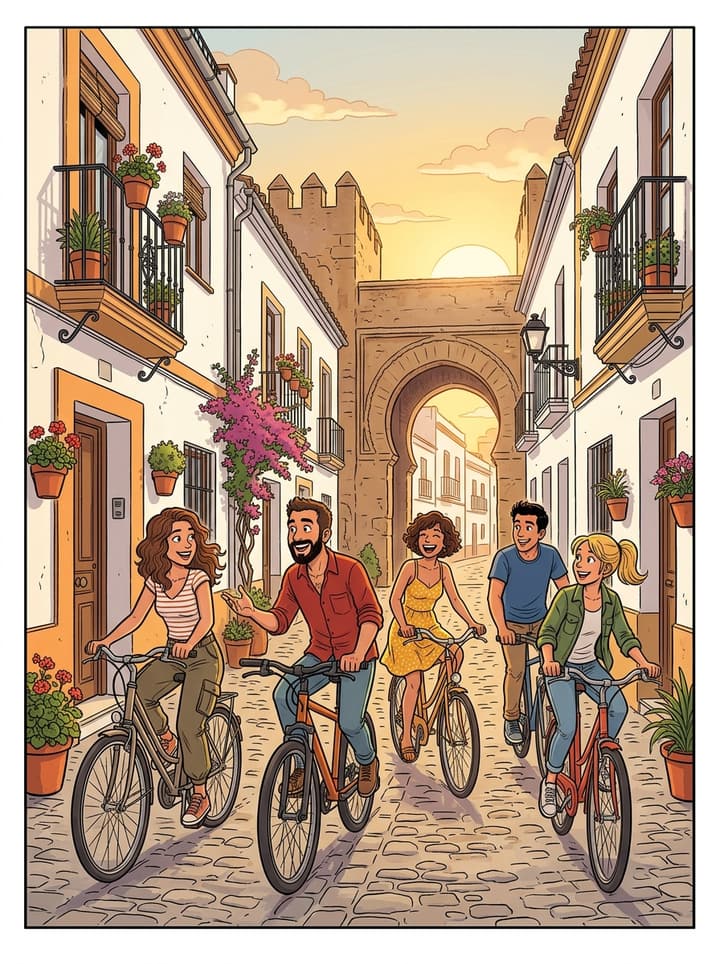 Viñeta de cómic: un grupo de amigos en bicicleta por una calle blanca del casco antiguo de Tarifa al atardecer