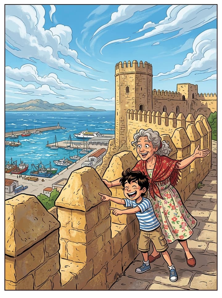 Viñeta de cómic: una abuela y su nieto miran el mar desde las murallas del castillo de Guzmán el Bueno