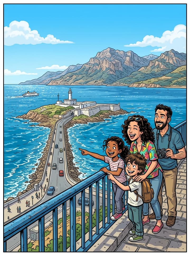 Viñeta de cómic: una familia mira la costa de Marruecos desde el paseo junto a la Isla de las Palomas