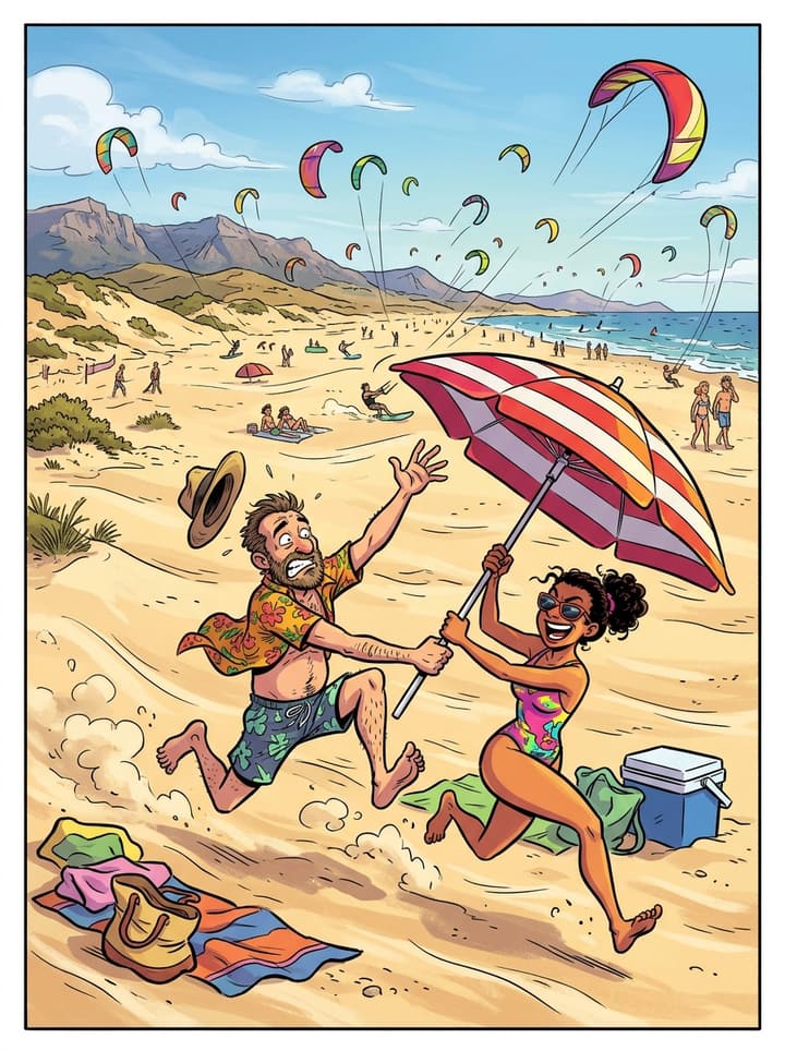 Viñeta de cómic: cometas de kitesurf sobre la playa de Los Lances con Levante y una sombrilla saliendo volando